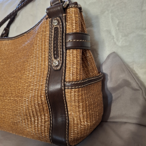 Fossil Key Per Tan Rattan and Brown Leather Woven Tote Bag 13x9 - Picture 5 of 16